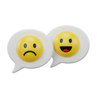 3D rendered icon of two speech bubbles with sad and happy emojis representing customer feedback sentiment analysis or online review ratings chat png