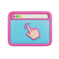 3D rendered icon of a browser window with a hand cursor clicking representing website interaction user interface navigation or online click action png