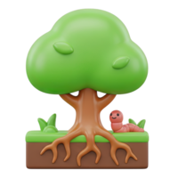 3D rendered icon of a tree with roots and a worm symbolizing nature ecosystem soil health environment or organic gardening and life cycle study png