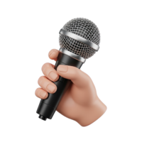 3D rendered icon of a hand holding a microphone representing singing performance public address system or audio recording for music or speech png