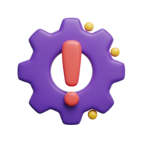 3D rendered icon of a purple gear with a red exclamation mark symbolizing system error warning alert or a critical technical problem needing fix png