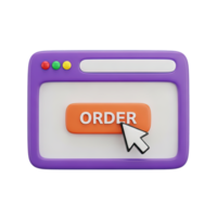 3D rendered icon of a web browser window with an orange order button and cursor for online shopping ecommerce or placing a digital order now png