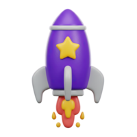 3D rendered icon of a purple rocket with stars launching symbolizing startup success innovation boost or fast project deployment and space travel png
