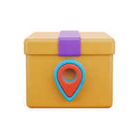 3D rendered icon of a cardboard box package with a location pin symbolizing delivery tracking gps navigation or parcel shipping and logistics png