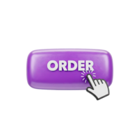 3D rendered icon of a purple order button with a hand cursor for online shopping ecommerce transaction or clicking to purchase an item now png