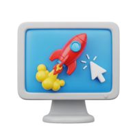 3D rendered icon of a computer monitor displaying a red rocket launching with a cursor for startup acceleration project boost or software update png