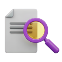 3D rendered icon of a document with lines of text being examined by a magnifying glass for review audit proofreading or content analysis png