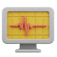 3D rendered icon of a computer monitor displaying a heartbeat line or ECG representing healthcare medical diagnostics or patient monitoring system png