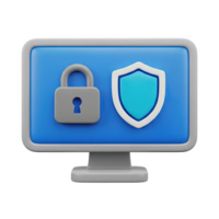 3D rendered icon of a computer monitor with a lock and shield symbolizing cybersecurity data protection online security or secure system access now png