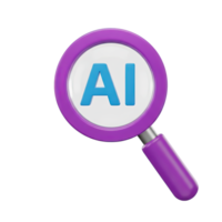 3D rendered icon of a purple magnifying glass with AI text symbolizing artificial intelligence search machine learning analysis or tech research png