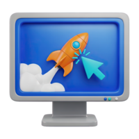 3D rendered icon of a computer monitor with a rocket launching and cursor symbolizing startup boost project launch or fast performance increase png