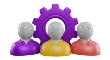3D rendered icon of three figures with a central gear above them symbolizing teamwork collaboration project management or group problem solving png