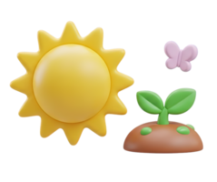 3D rendered icon of a sun shining on a sprout with a butterfly symbolizing spring growth new beginnings nature and environmental beauty png