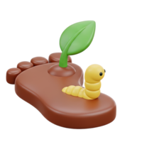 Footprint ecology concept 3D icon Human footprint in soil with a green sprout and a yellow worm symbolizing ecological impact nature connection or regeneration png