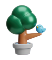 Potted tree with bird 3D icon Small stylized tree in a brown pot with a tiny blue bird perched on a branch symbolizing nature growth or new beginnings life png