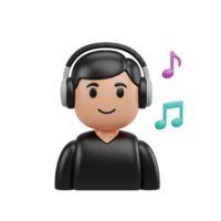 Music listener character 3D icon Stylized male character wearing headphones and listening to music with musical notes floating around enjoying audio experience png