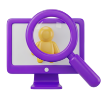 User profile search computer 3D icon Purple monitor with magnifying glass over a yellow user avatar for personnel lookup account analysis or HR screening png