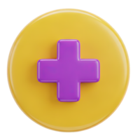 Yellow medical plus button 3D icon Circular yellow button with a bold purple plus sign symbolizing healthcare access first aid or medical services interface png