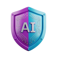 AI shield security 3D icon Blue and purple shield with AI lettering and circuit design symbolizing artificial intelligence cybersecurity data protection technology png