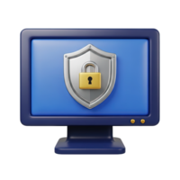 Computer security lock 3D icon Blue monitor displaying a golden padlock on a shield symbolizing system protection data privacy or secure network access concept png