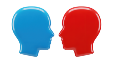 Blue and red head silhouettes facing each other 3D icon Symbolizing communication dialogue debate conflict or different perspectives human interaction concept png