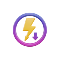 Low energy consumption 3D icon Yellow lightning bolt within a purple circle with a downward arrow symbolizing reduced power usage energy saving mode or low electricity cost png
