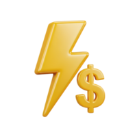 Energy cost concept 3D icon Yellow lightning bolt adjacent to a large golden dollar sign emphasizing the financial aspect of electricity consumption and utility pricing png