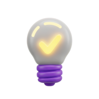 Verified idea checkmark 3D icon Purple based lightbulb with a glowing yellow checkmark symbolizing approved idea validated concept or successful innovation confirmation png