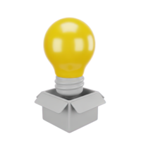 Out of the box idea 3D icon Yellow lightbulb emerging from an open grey cardboard box symbolizing unconventional thinking creative solutions or innovative breakthroughs png