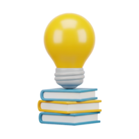 Knowledge based idea 3D icon Yellow lightbulb resting on a stack of colorful books symbolizing ideas from learning education research or knowledge accumulation png