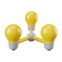Network of ideas 3D icon Three yellow lightbulbs connected in a hub and spoke formation symbolizing interconnected thoughts collaborative innovation or shared knowledge png