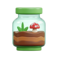 Miniature terrarium glass jar 3D icon Green jar with soil layers a small plant and mushroom depicting a tiny ecosystem hobby or botanical decoration graphic png