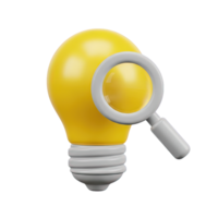 Researching ideas search 3D icon Yellow lightbulb with a grey magnifying glass symbolizing searching for ideas innovation research or exploring creative concepts png