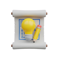 Idea blueprint plan 3D icon Yellow lightbulb and pencil on a rolled blueprint scroll symbolizing planning innovation strategy development or creative project design png