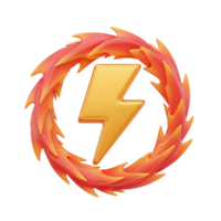 Fiery energy burst 3D icon Yellow lightning bolt surrounded by a circular wreath of orange and red flames symbolizing intense power high voltage or dynamic energy png