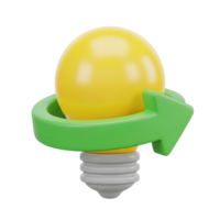 Revolving idea cycle 3D icon Yellow lightbulb with a green circular arrow around it symbolizing continuous innovation idea iteration or recycling creative thoughts png
