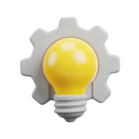 Idea generation gear 3D icon Yellow lightbulb integrated with a grey gear symbolizing idea creation innovation process or a working thought mechanism developing solutions png