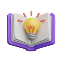 Open book idea 3D icon Purple open book with a glowing yellow lightbulb emerging symbolizing learning discovery new ideas from reading or educational insight png