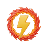 Dynamic power wreath 3D icon Yellow lightning bolt centered in a swirling wreath of orange and red flames symbolizing intense energy fiery power or high voltage output png
