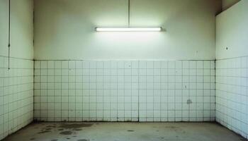 A white tiled wall with a fluorescent light on top, the floor is concrete and has some stains photo