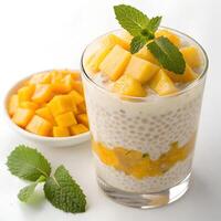 Tapioca pearls in coconut and mango cream, layered in a glass, tropical and textured, topped with mango cubes and mint, isolated on a white background photo