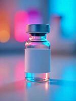 A vaccine vial with a silver cap and a blank label, on a reflective surface, with a blurred background of colorful lights photo
