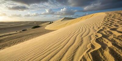 Sand dunes with textured patterns under a blue sky with scattered clouds, distant vegetation, and a vast desert landscape photo