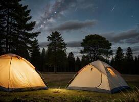 Tranquil Night Camp Scene in Remote Forest Meadow photo