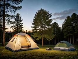 Forest Campground with Tent and Evening Sunlight photo