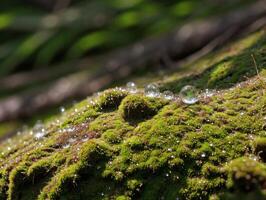 Macro Shot of Dew-Covered Fern on Mossy Rock in Forest photo