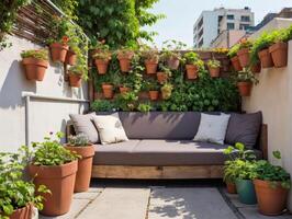 Modern Balcony Garden with Vertical Planters and Seating photo