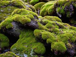 Macro shot of wet Forest Dew Drops Moss, and Fern Leaf photo