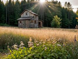 Cozy Log Cabin in the Forest at Sunset photo