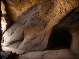 Mysterious Rock Cave with Warm Lighting photo